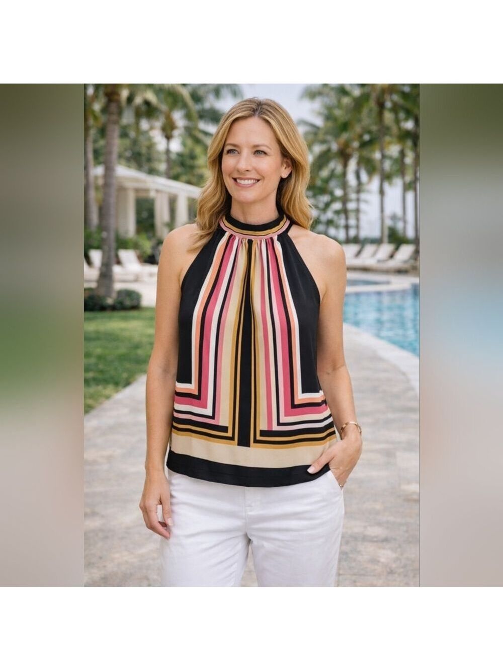 Trina Turk Vibrant Striped Halter Top Black Pink Gold | NWT | Size L